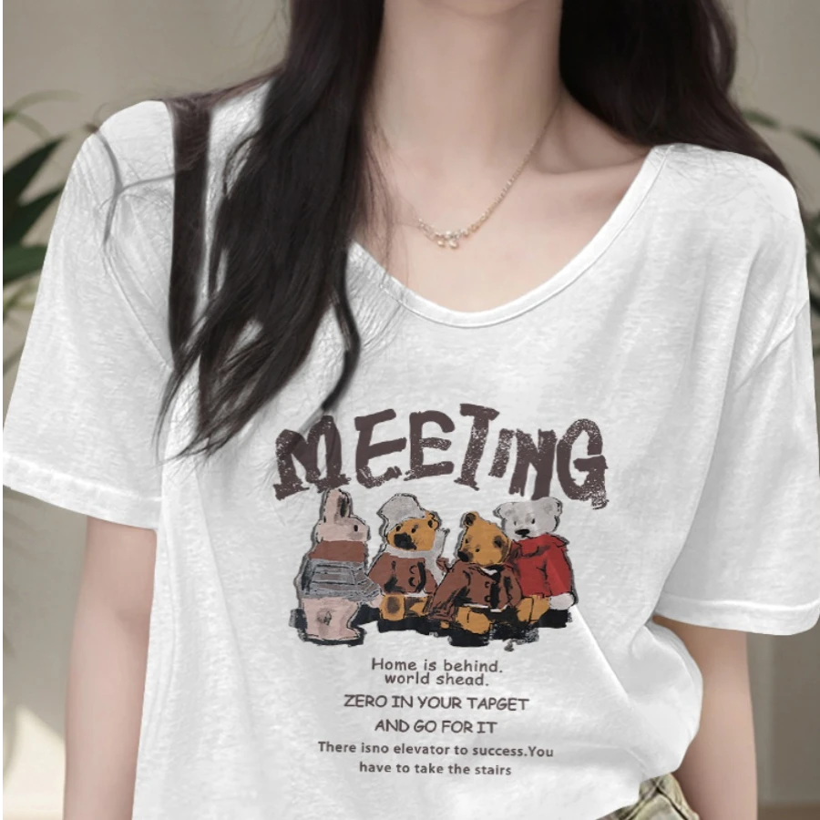 白色竹节棉显瘦t恤女短袖2025新款夏季欧货宽松大领口v领正肩上衣