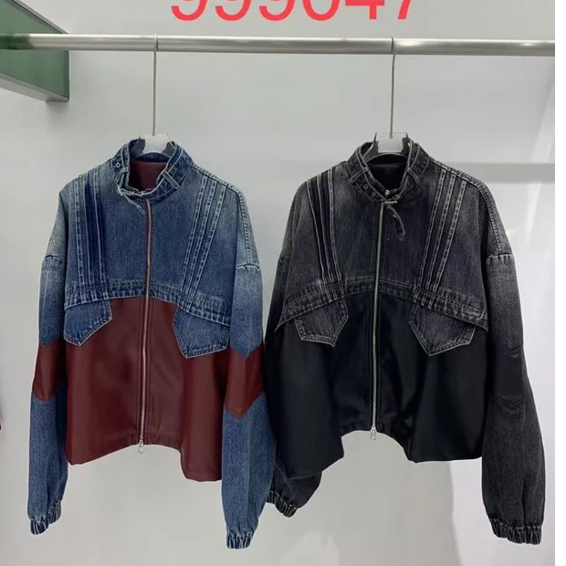 原创潮牌24时髦简约法式牛仔拼PU工装款立领夹克棒球款外套999047