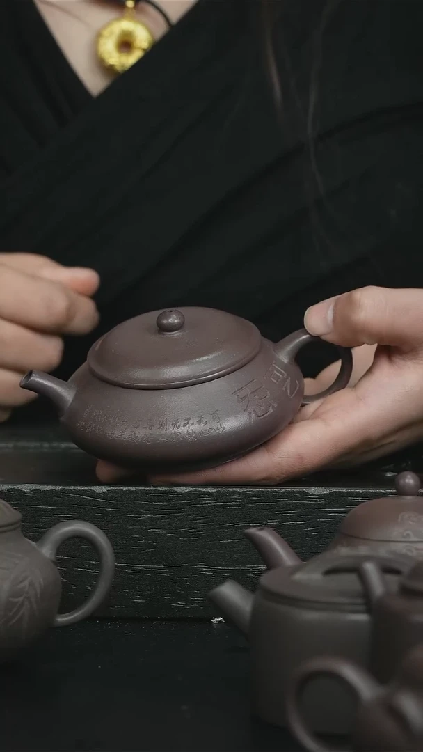 【闪购商品】紫砂茶壶天青刻绘明炉