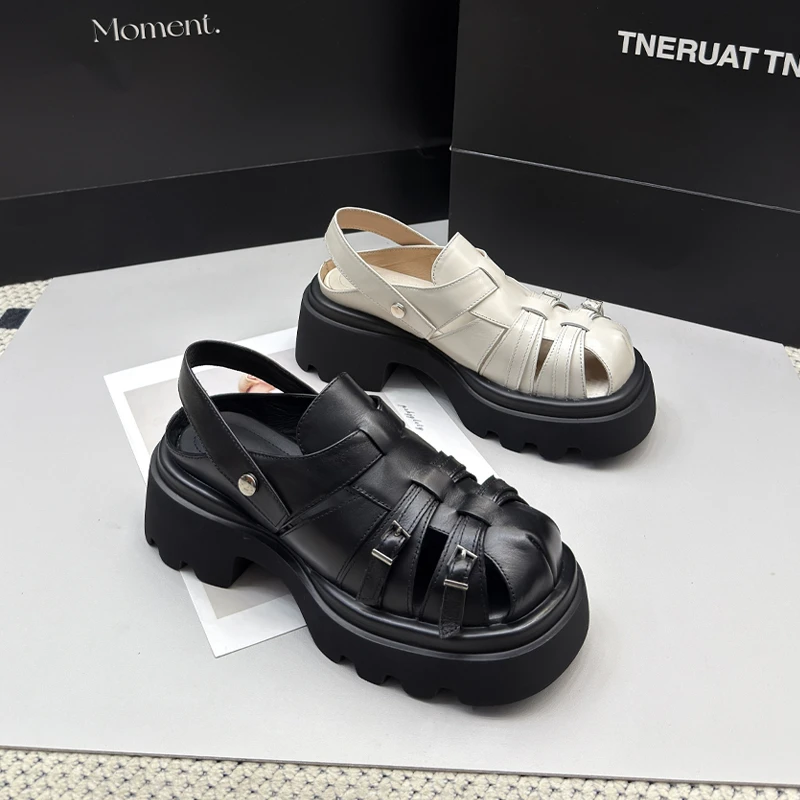 9350-3罗马凉鞋女2025新款夏两穿包头镂空半拖鞋真皮粗跟猪笼鞋