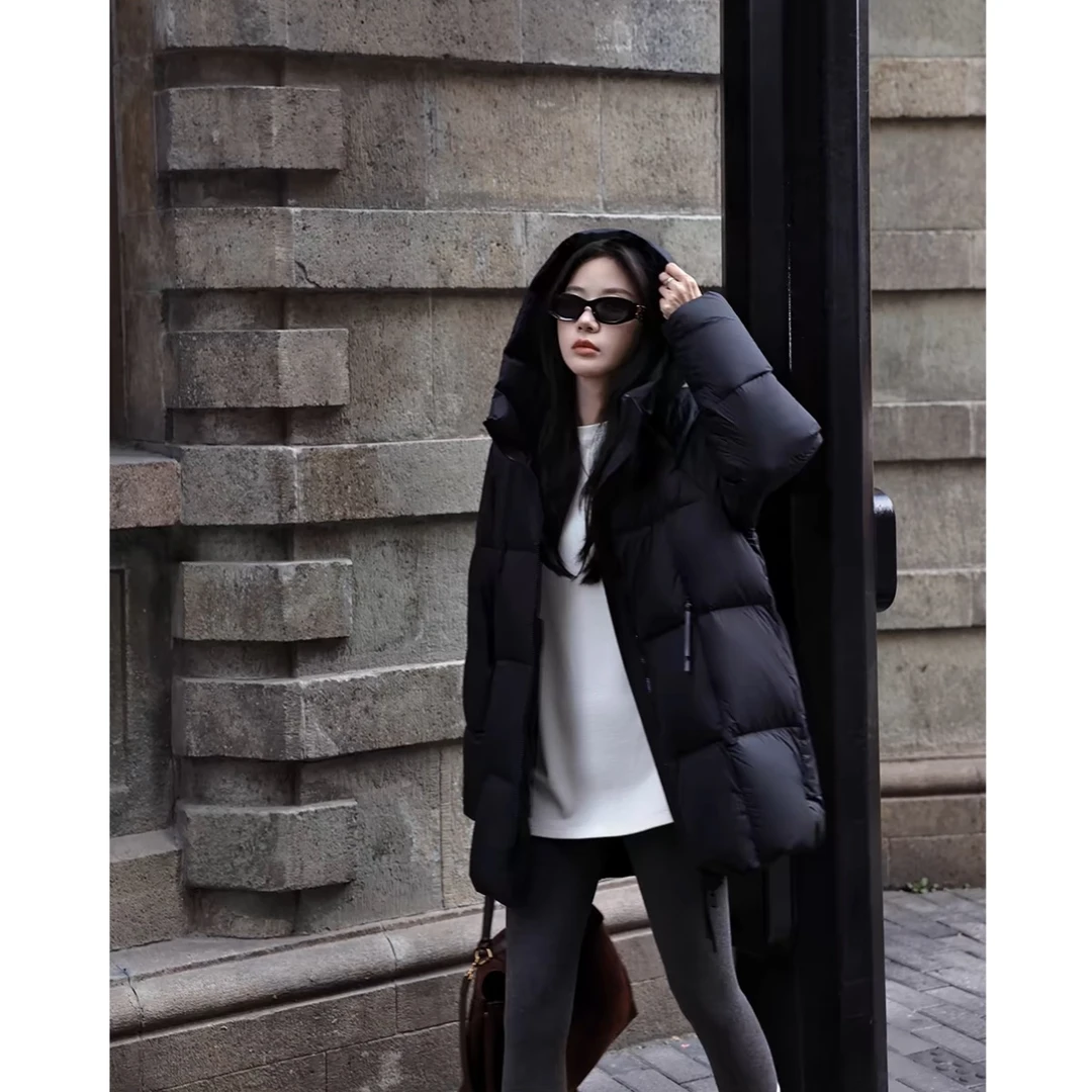 初奢自制】泡芙感超柔90白鸭绒连帽羽绒服女中长款2024冬新款外套