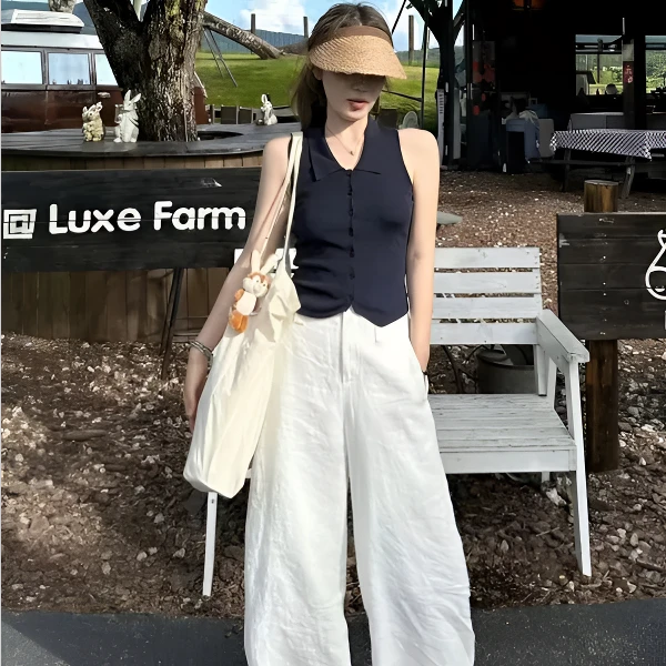 洋气衣服女夏季法式polo翻领无袖背心修身独特别致上衣气质阔腿裤