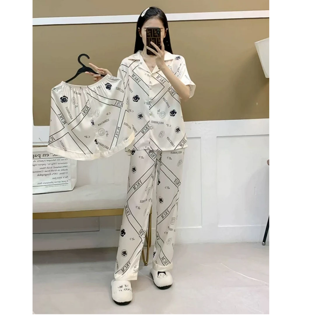 山茶花冰丝睡衣女夏季人字纹短袖长裤三件套2025年新款家居服套装