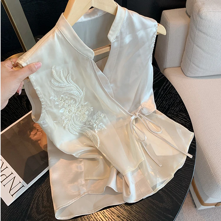夏季新款新中式刺绣钉珠醋酸无袖上衣设计感小众高级气质系带衬衫