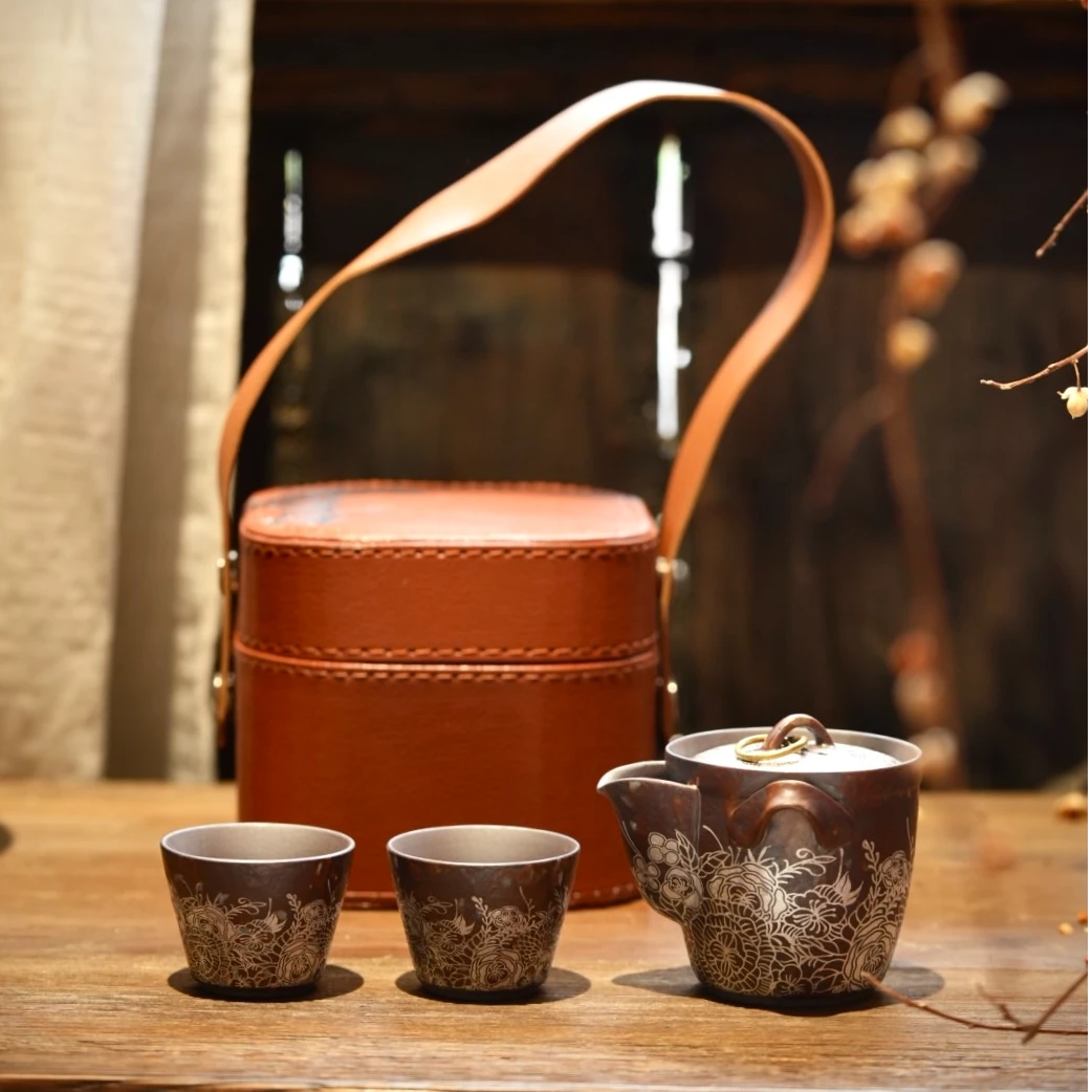 繁花-快客杯 简约旅行套组老岩泥宝瓶户外便携功夫茶杯套一壶二杯
