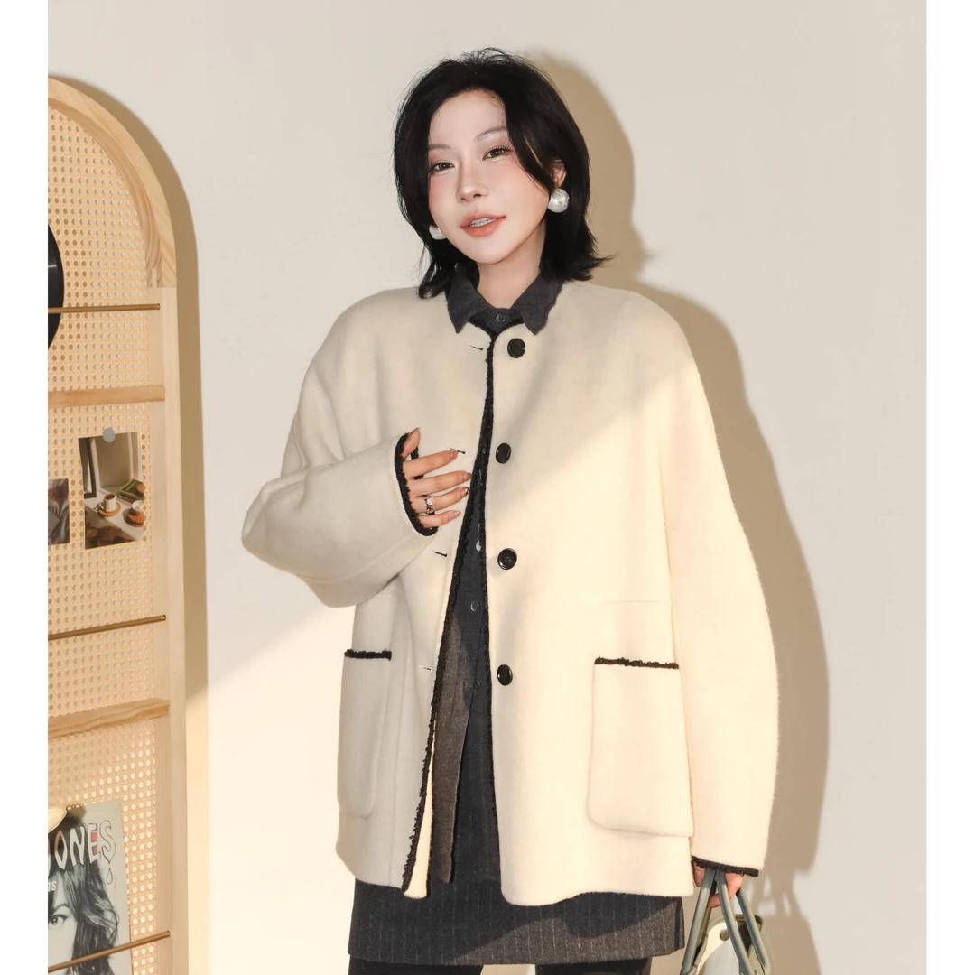 PENNYPENG 初雪 冬季新款蓬松柔软法式时髦文艺羊绒羊毛圆领外套