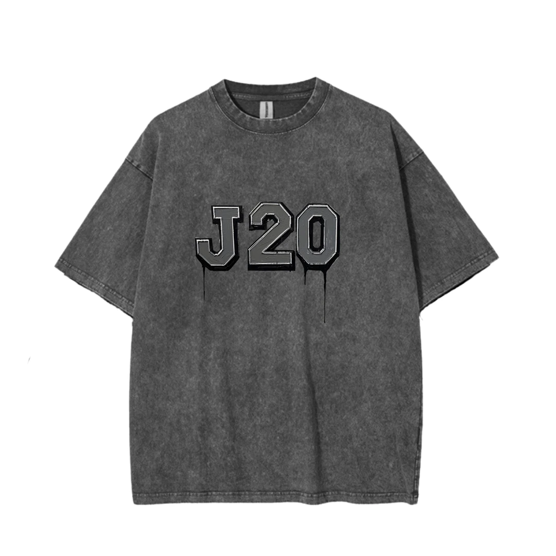 【国威系列】J20 亲肤重磅纯棉水洗高级灰做旧oversize美式复古T恤