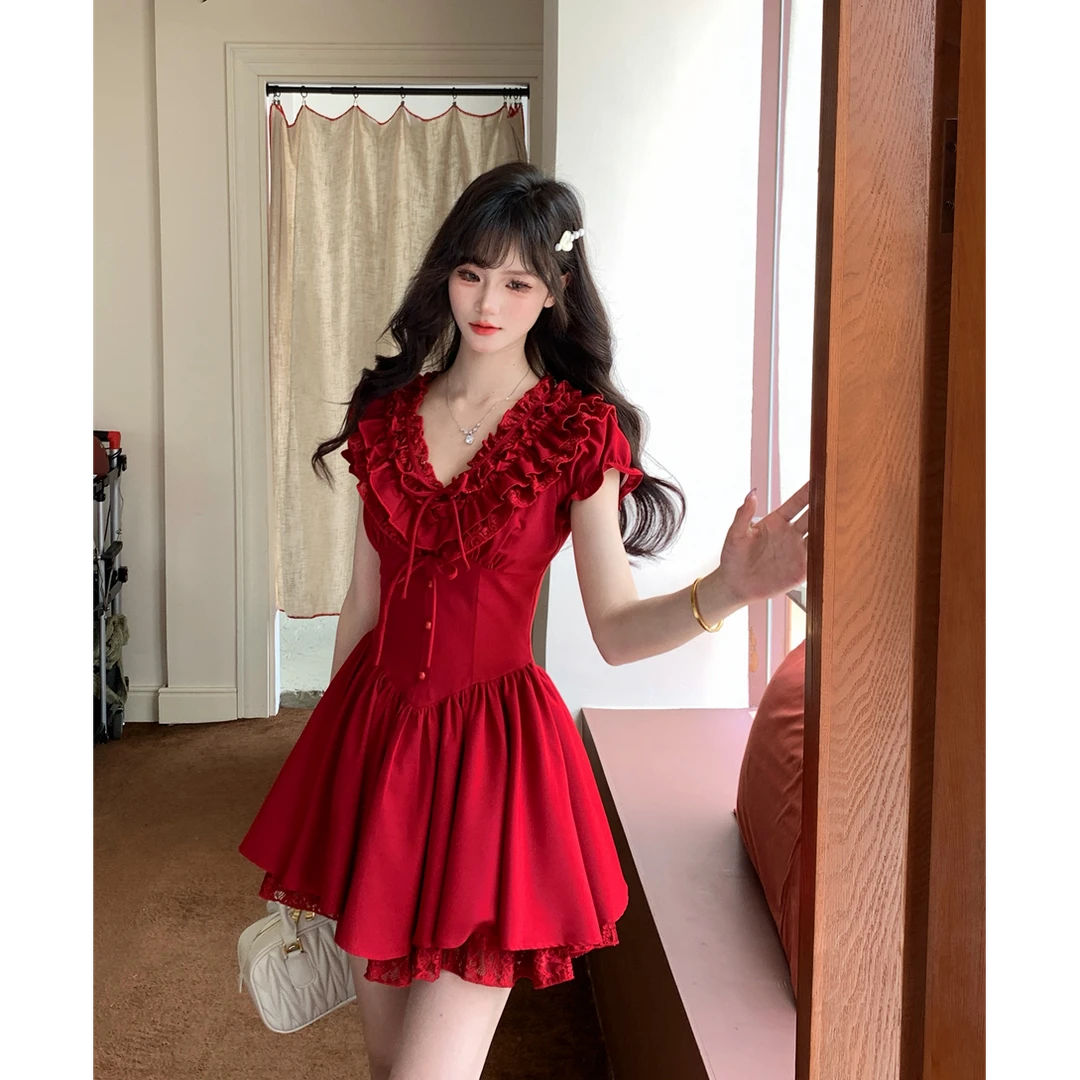 【糖糖】大码女装法式浪漫蕾丝花边纯欲收腰红色蓬蓬连衣裙12166