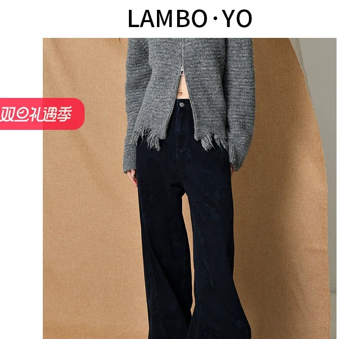 LAMBOYO新款高腰显瘦阔腿牛仔裤做旧水洗休闲直筒裤女