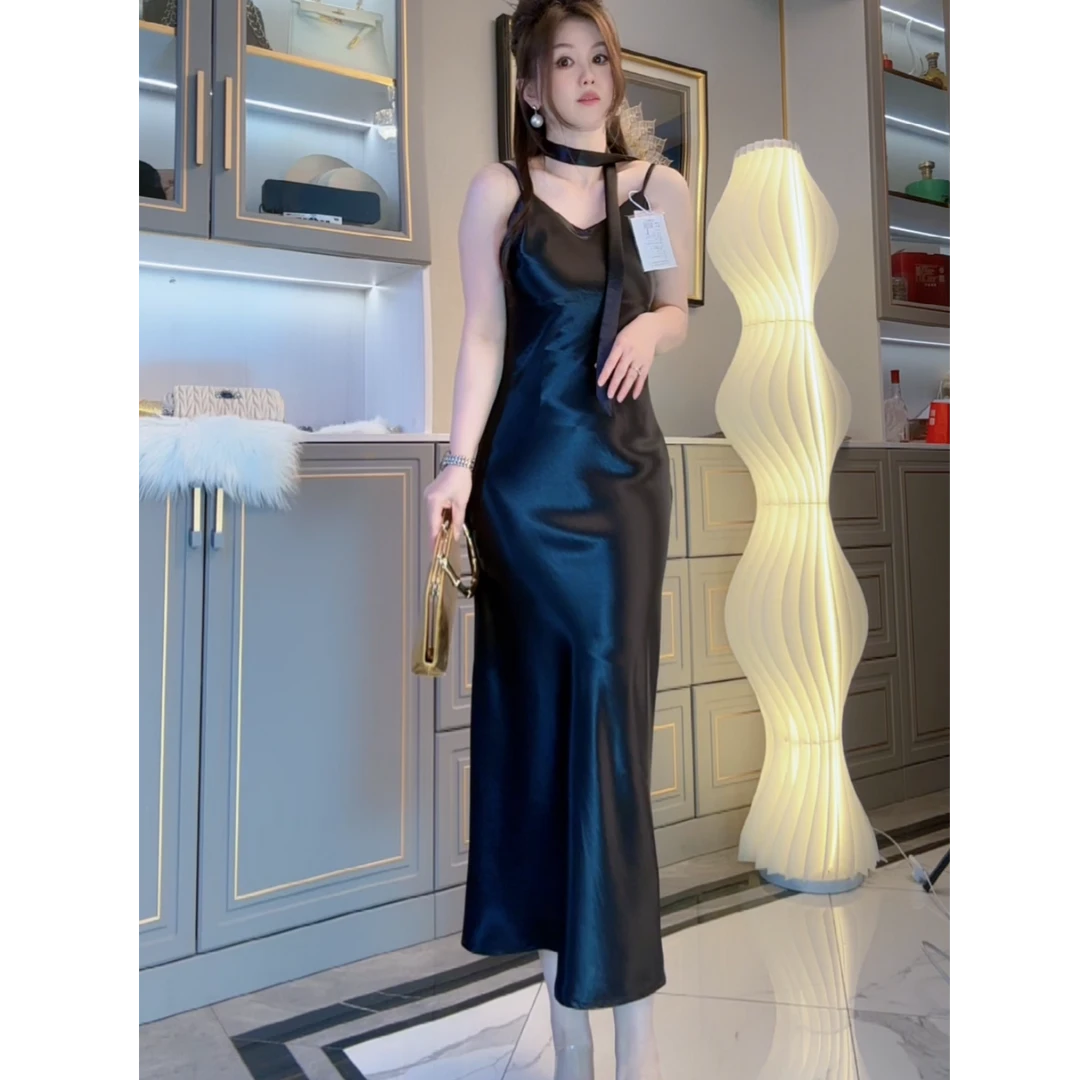【送飘带】缎面吊带长裙显瘦气质性感夏季缎面连衣裙高级感8520