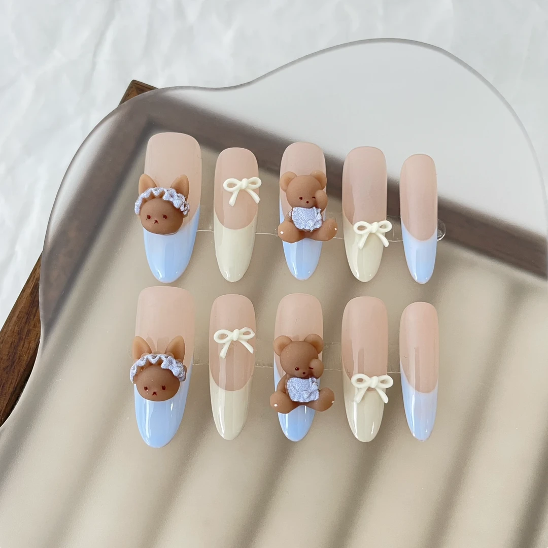 【K12】纯手工芭蕾撞色模具小猫小熊法式穿戴甲