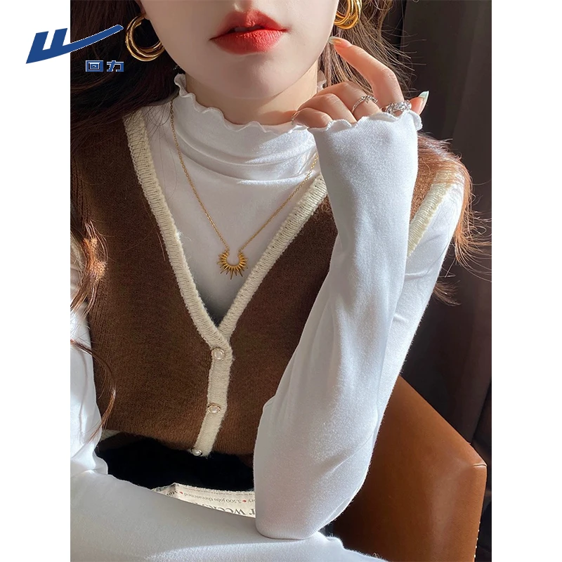 回力木耳边白色打底衫女春秋冬半高领上衣长袖T恤小香风打底内搭