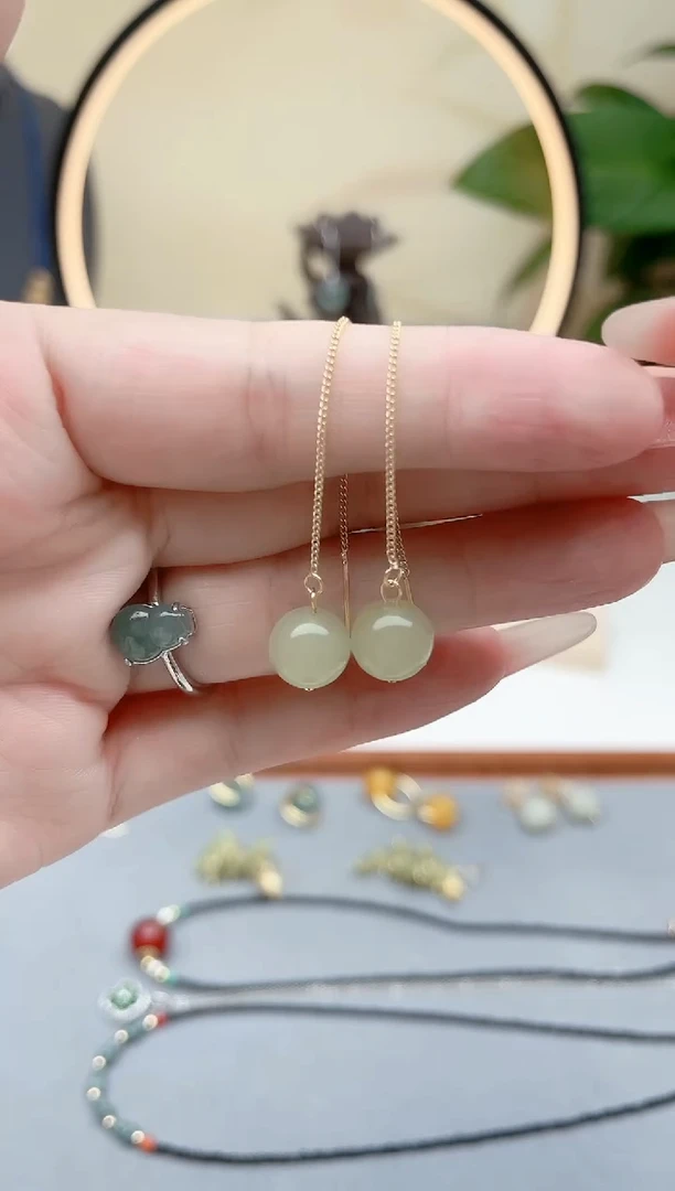 东陵石银S925镶嵌耳饰00耳线青色