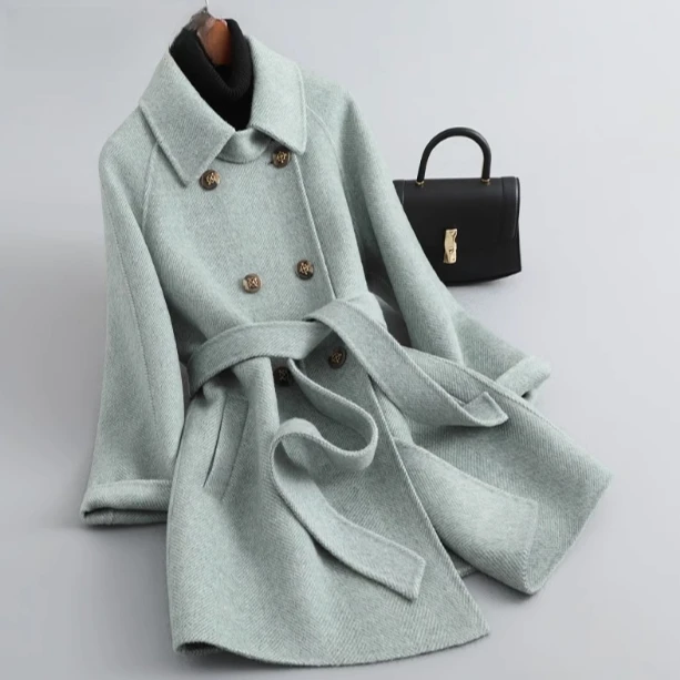 890秋冬季新款双排扣条纹大衣外套女中长款小个子呢子气质外套女