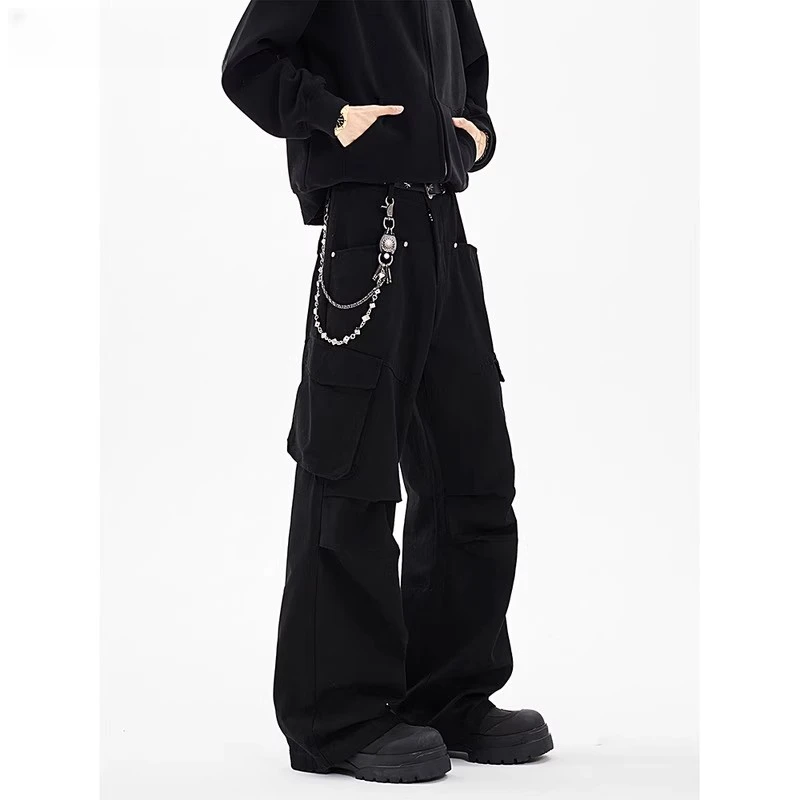 多口袋工装裤男新款痞帅潮牌微喇裤子美式宽松褶皱直筒休闲长裤子