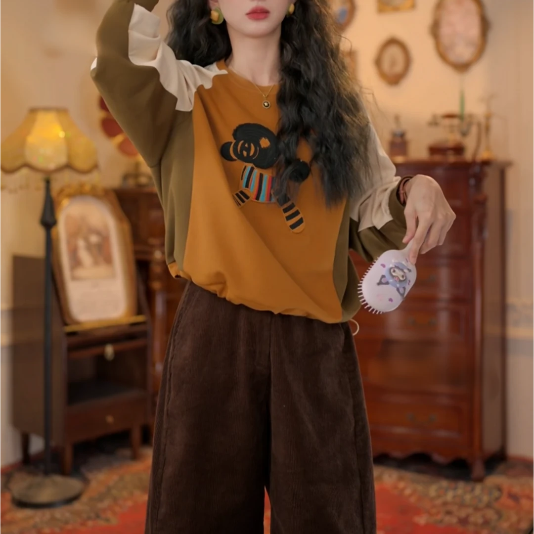 【秋原小马】2025秋季港风复古拼色套头宽松休闲卫衣上衣LK2505597