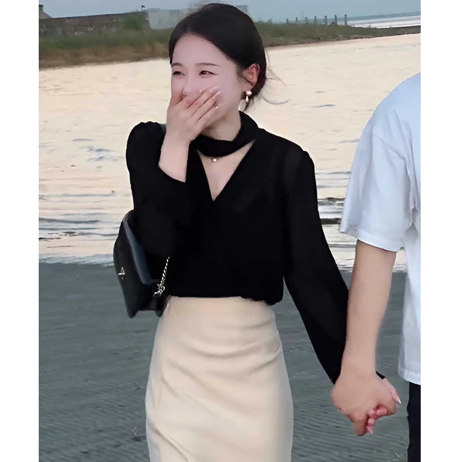 法式V领黑色衬衫女2025春季新款轻奢高级感衬衣时尚气质通勤上衣