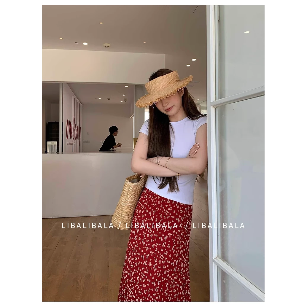 复古红色碎花茶歇高腰半身裙女春季2025新款包臀显瘦气质时尚