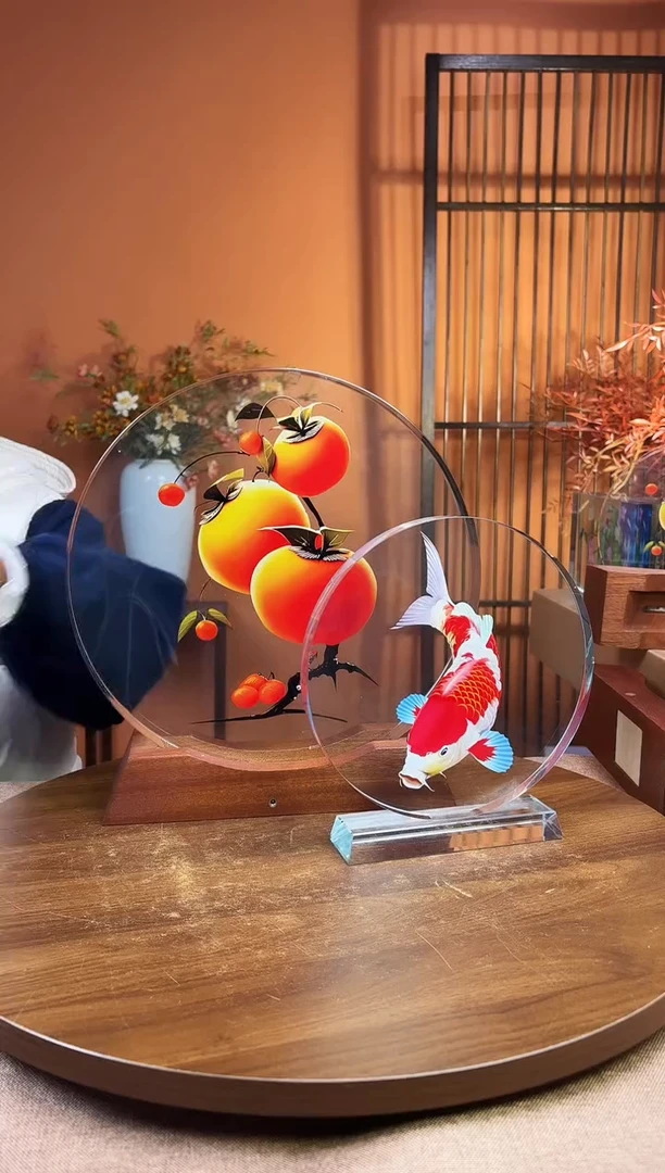 人造水晶圆形 柿子 30/30/4加底座＋小摆件