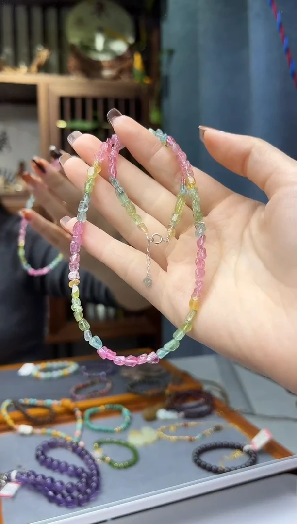 颈饰银S925镶嵌碧玺s925银碧玺随型项链QM