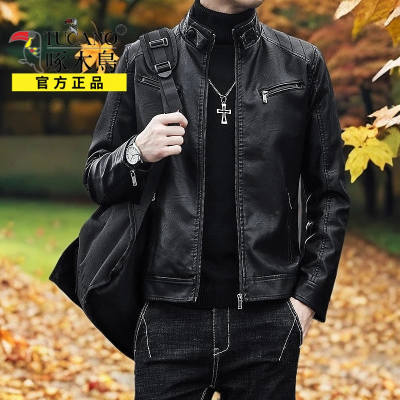 啄木鳥复古皮衣男士皮衣时尚翻领机车PU皮夹克痞帅上衣外套男装潮