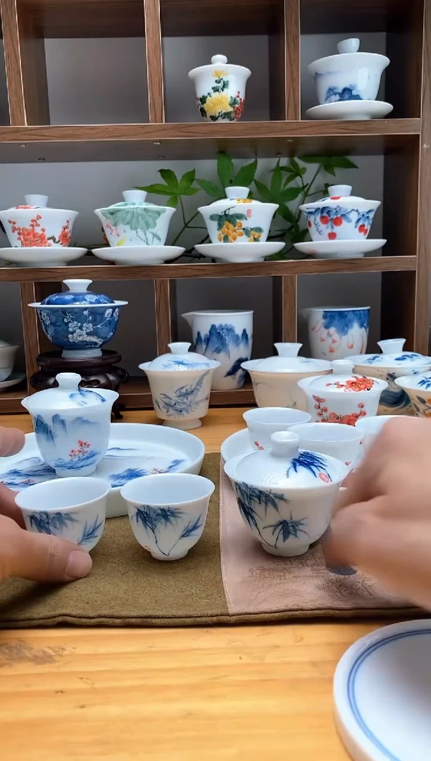 【闪购商品】纯手绘釉下彩60CC竹子套装60CC竹子盖碗+2杯子