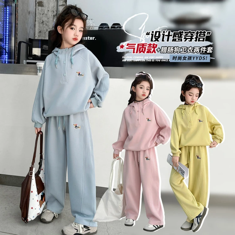 女童春秋长袖连帽套装新款2025韩版春季刺绣中大童运动休闲两件套