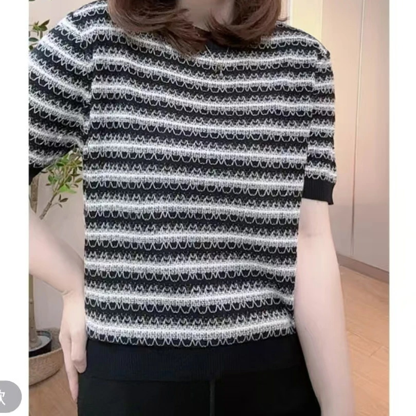 【莱赛尔100】2025夏季新款黑白撞色条纹短袖肌理感针织女款T桖上衣