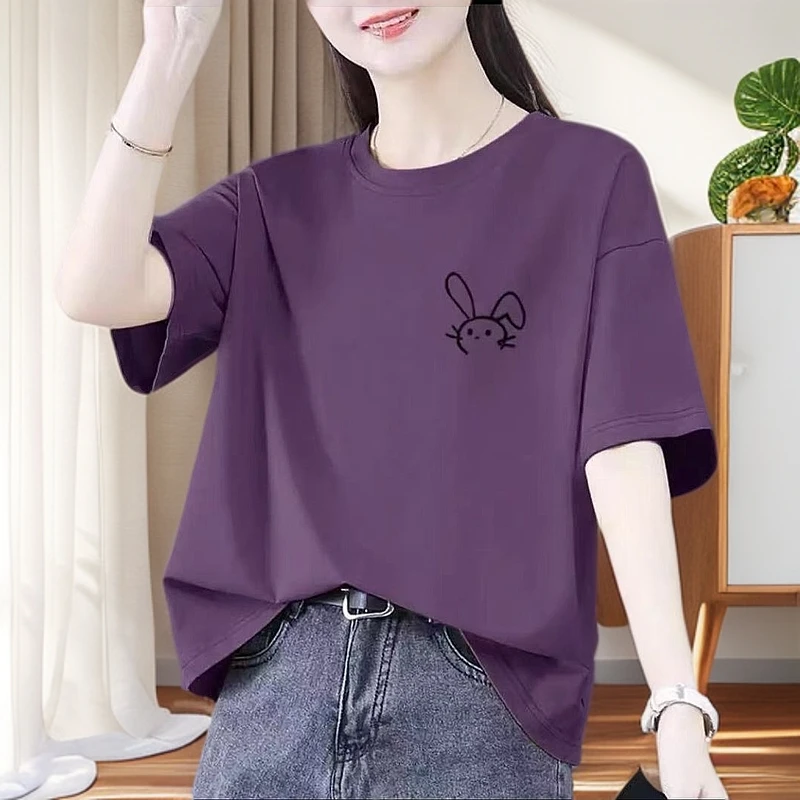 洋气纯棉短袖t恤女士夏季新款韩版宽松大码胖mm休闲减龄半袖上衣