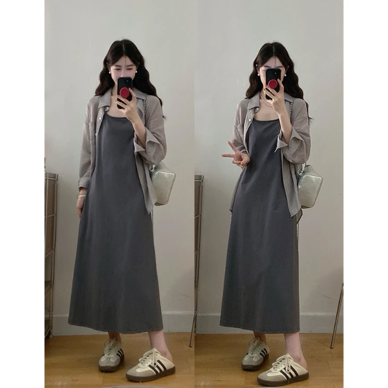 大码女装秋季新款简约吊带裙连衣裙显瘦长袖衬衣洋气减龄慵懒穿搭