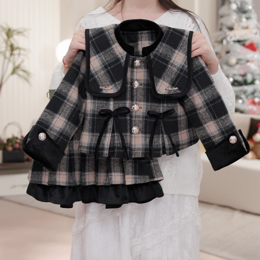 【摩卡】女童秋冬长袖小香风裙子加绒加厚英伦女孩呢子套装D17812