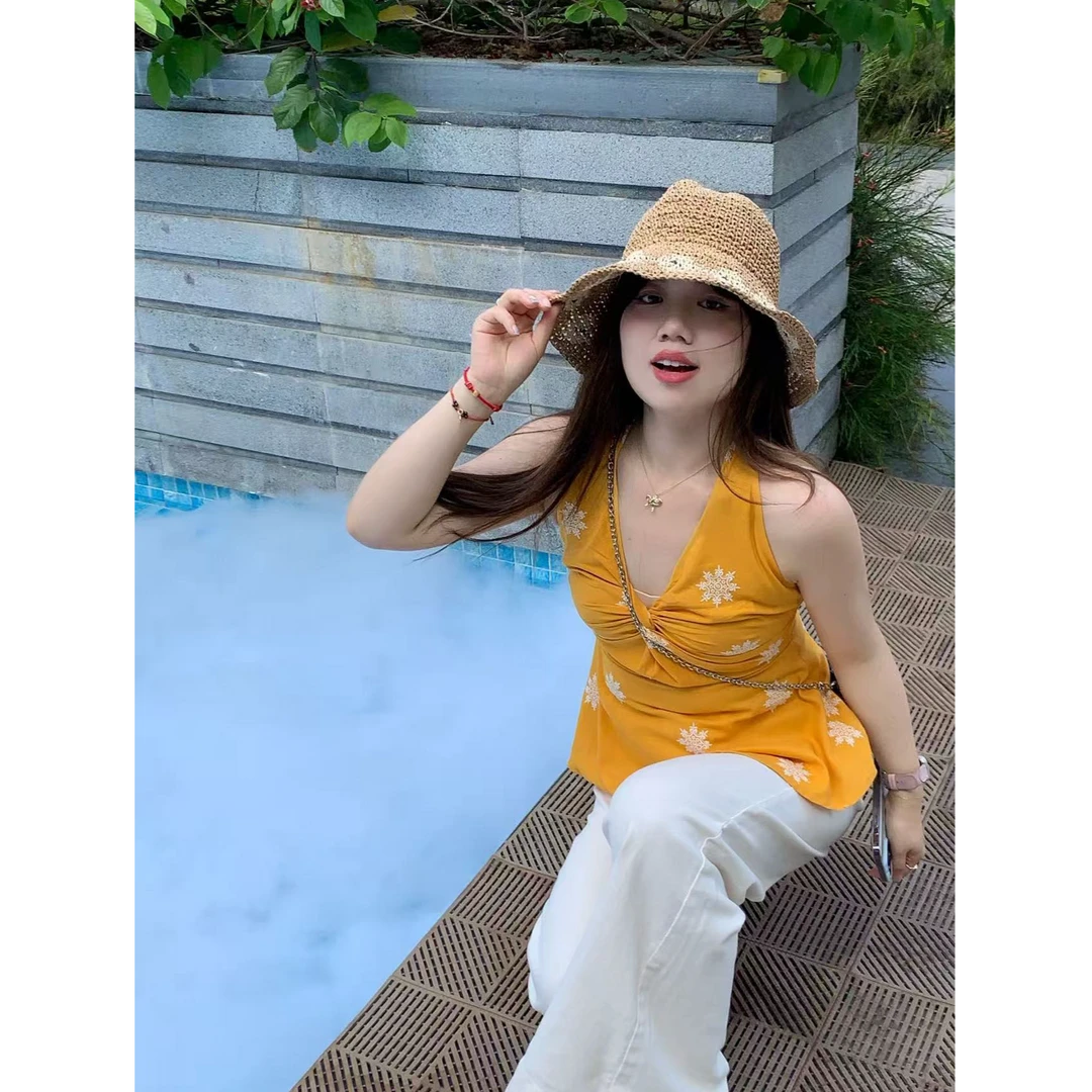 米米子“清爽橙夏”雪花绣花橙色纽结背心上衣显瘦时尚夏季新款T恤