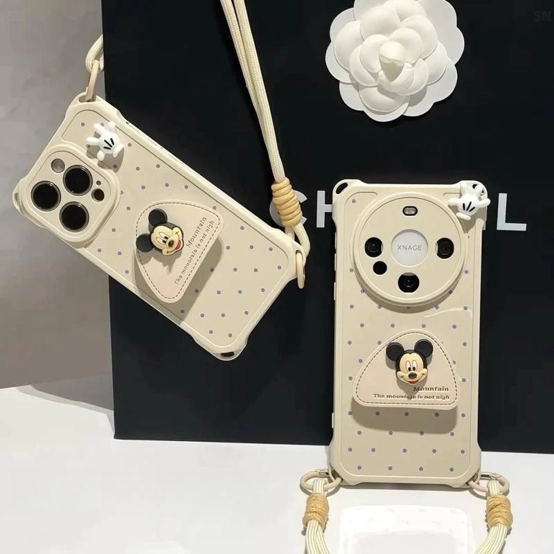 可爱米奇适用苹果16promax手机壳支架15Pro/14防摔13/11挂绳壳