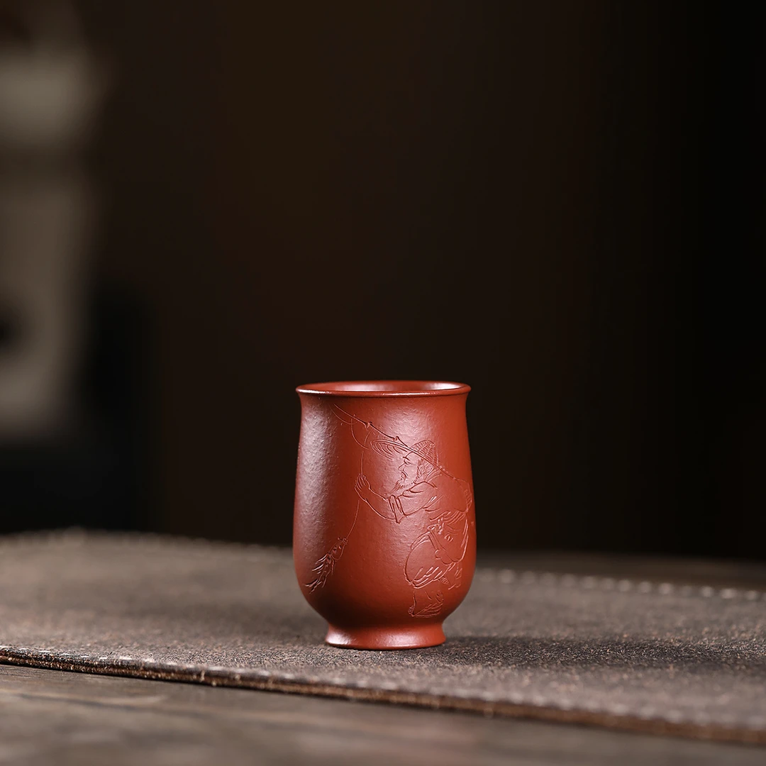 当代 舍得朱泥束腰杯主人杯朱泥大红袍杯直筒小口杯刻绘刻字红泥