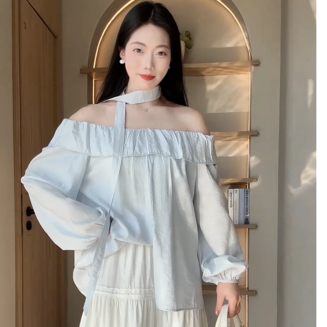 TO【冰蓝海洋】25春秋新款法式一字肩衬衫上衣飘带设计