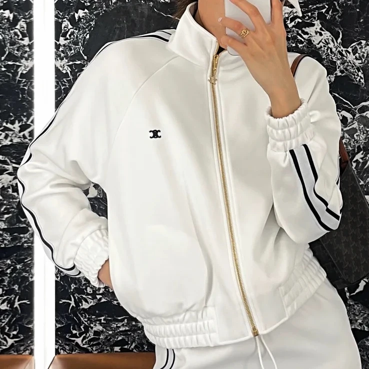 99新 Celine/思琳  S码凯旋门图案白色侧边条纹拉链夹克
