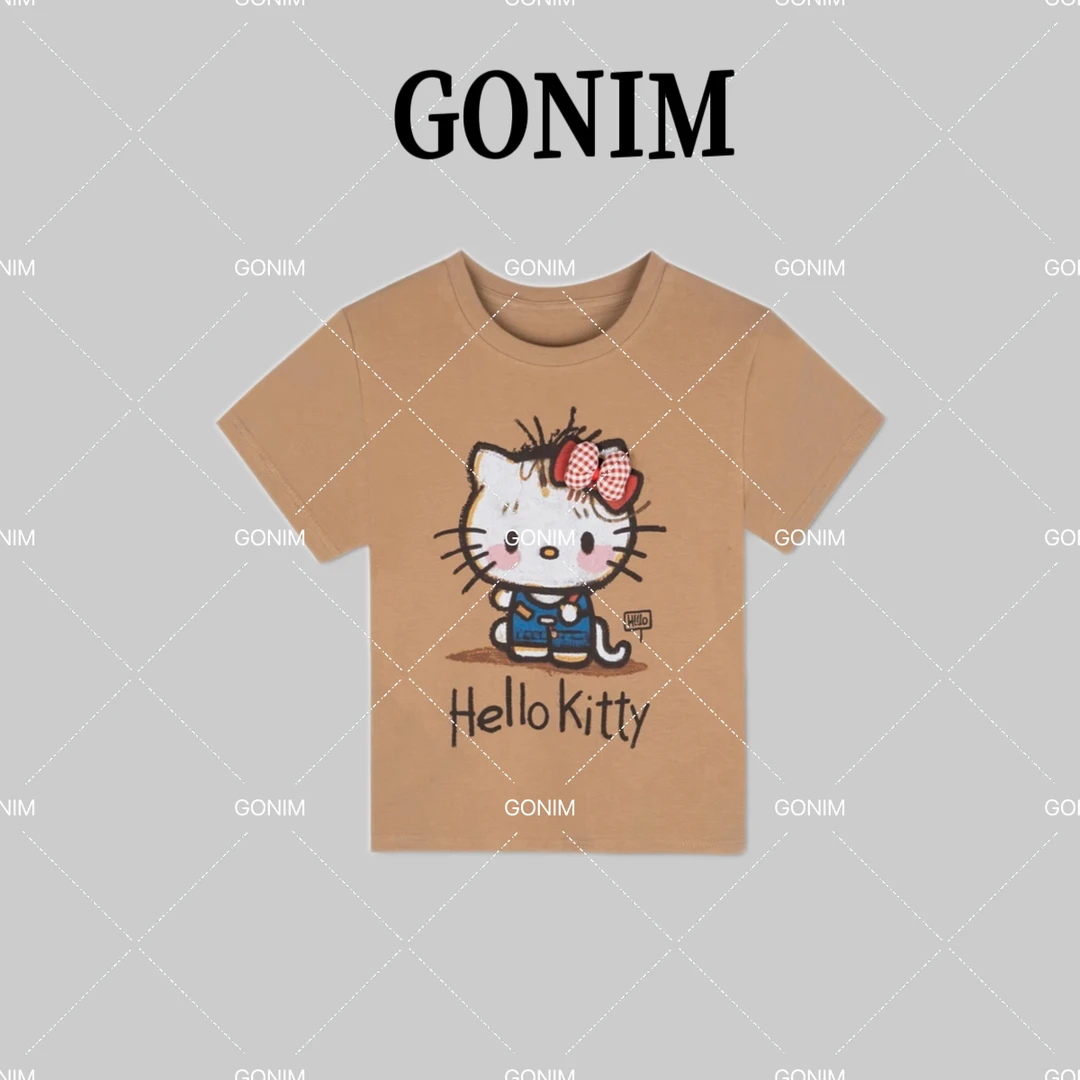 Gonim·"浪漫KT猫"2025夏季新款圆领减龄卡通KT猫印花短袖上衣