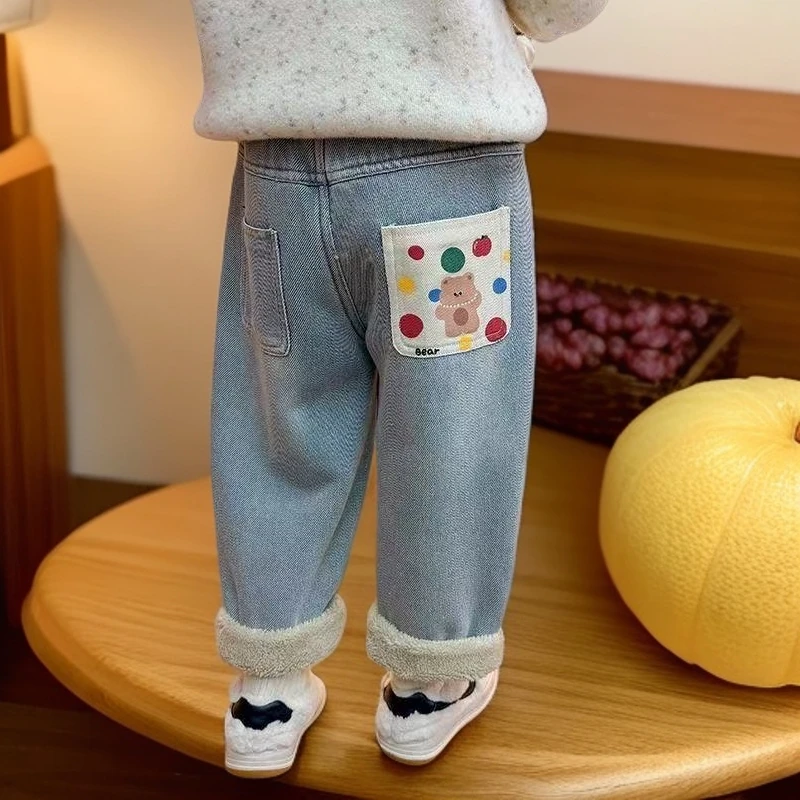 女童新款秋冬牛仔裤韩版加厚一体羊驼绒休闲裤女宝宝冬装保暖裤子