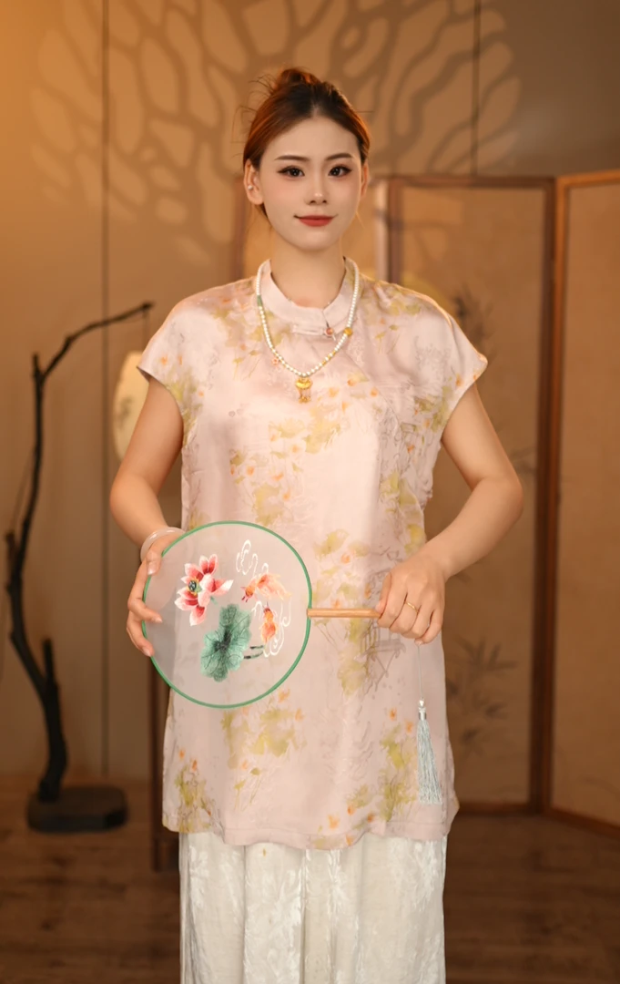 明【云阁青霞】夏国风奥黛无袖上衣短袖T恤 新中式提花盘扣马甲223