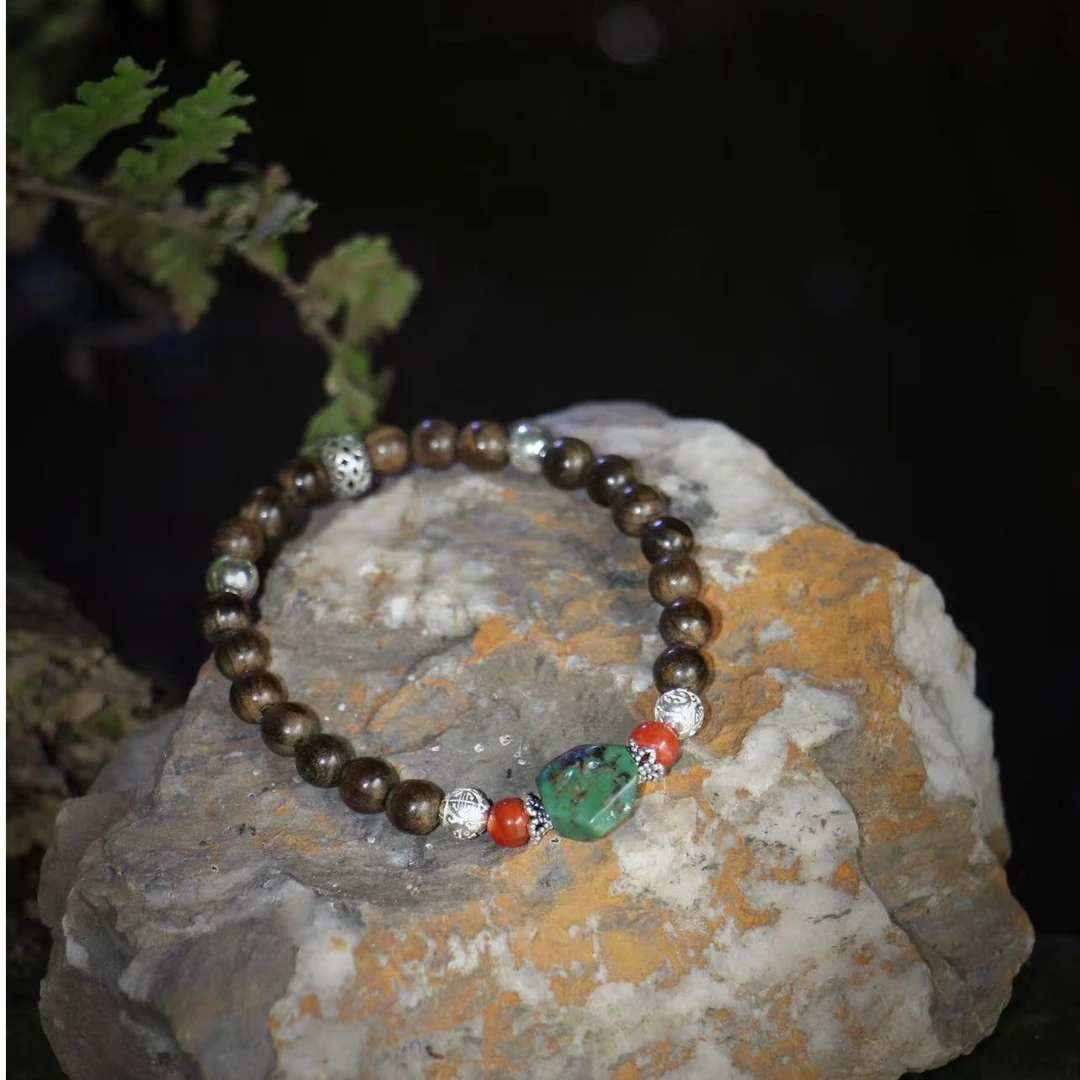 【丹碧】特色军绿松配银珠木串手工单品