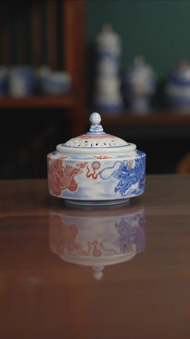 自成堂柴窑 釉里红 龙凤 香炉