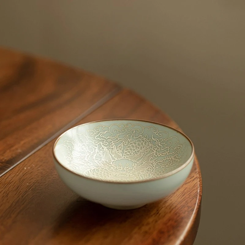 仿宋汝窑描银龙纹普洱杯家用陶瓷茶杯主人杯大号品茗杯功夫茶具