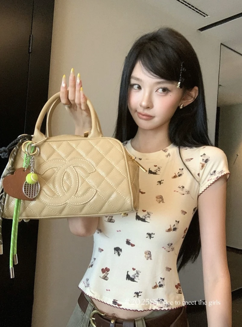 25夏季新款时髦甜辣风休闲减龄卡通印花修身显瘦圆领短袖T恤上衣