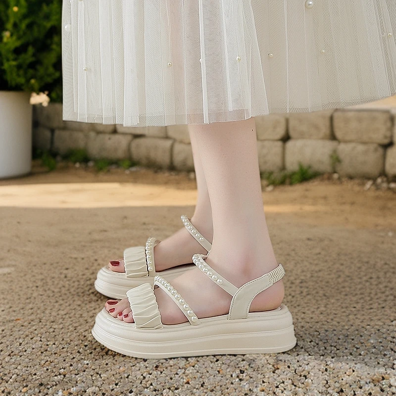 女鞋夏季女凉鞋拖鞋厚增高底休闲珍珠绑带新款室外防水