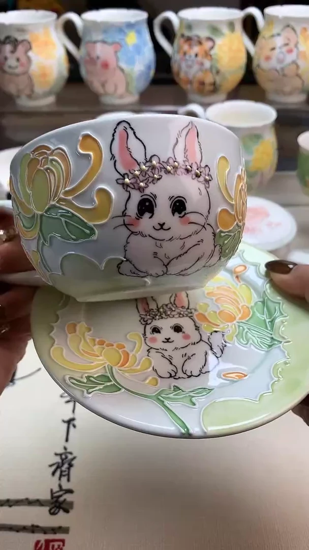 一味*手绘花花与兔系列咖啡杯03号