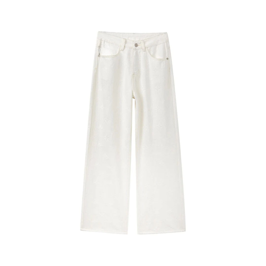 白色直筒阔腿牛仔裤女夏薄款设计感提花重工长裤-7814