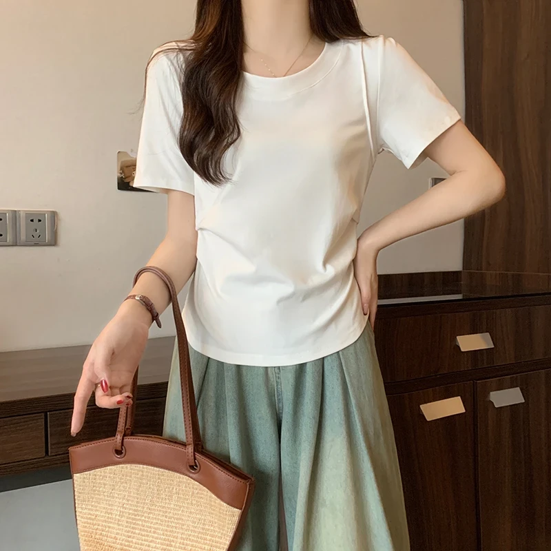 胖MM高级感百搭女t恤简约圆领遮肚子夏季短袖设计感褶皱显瘦上衣