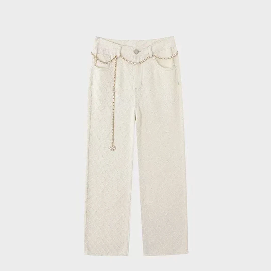 米白色流苏菱格图案直筒金属链条牛仔裤百搭宽松款D1355