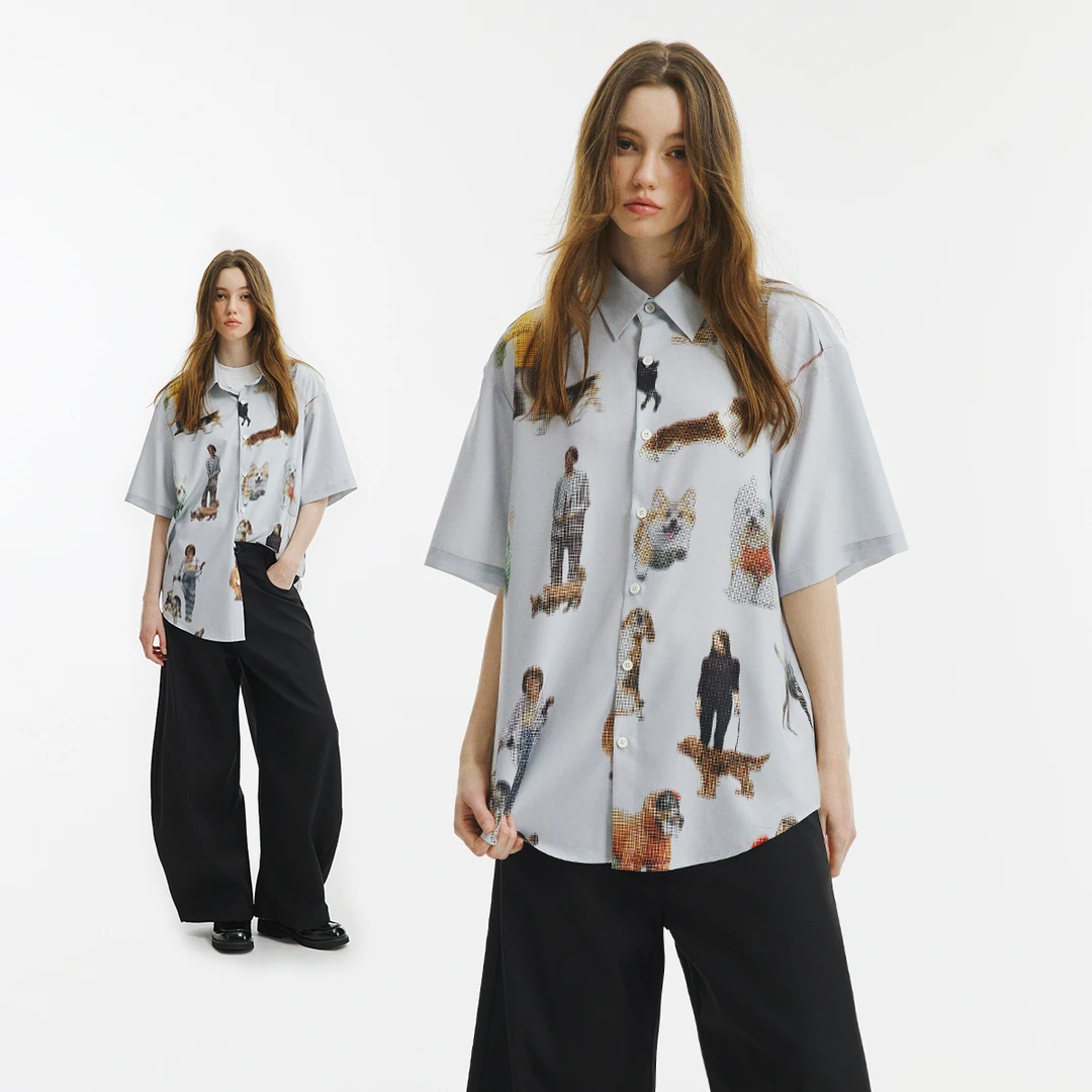 男道美式复古人影印花短袖衬衫男2025新款古巴领宽松花衬衣外套潮