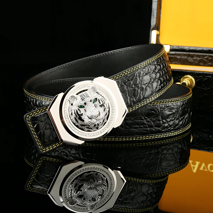 新款老虎头皮带扣男士皮带鳄鱼皮真皮腰带商务休闲牛皮时尚裤带潮